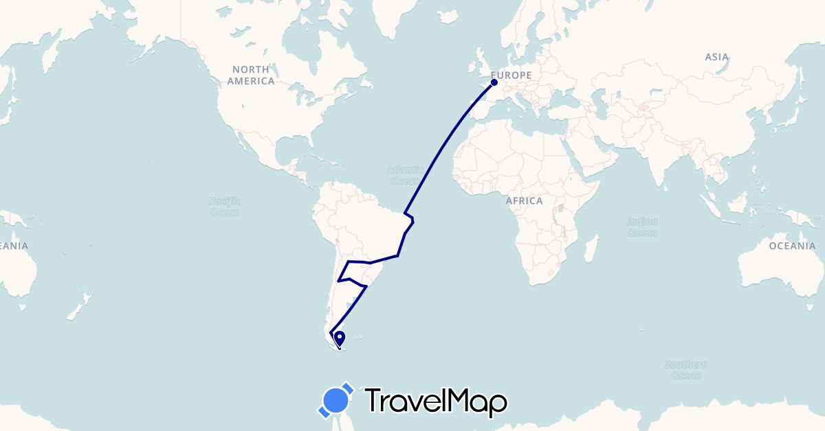 TravelMap itinerary: driving in Argentina, Brazil, France, Paraguay, Uruguay (Europe, South America)